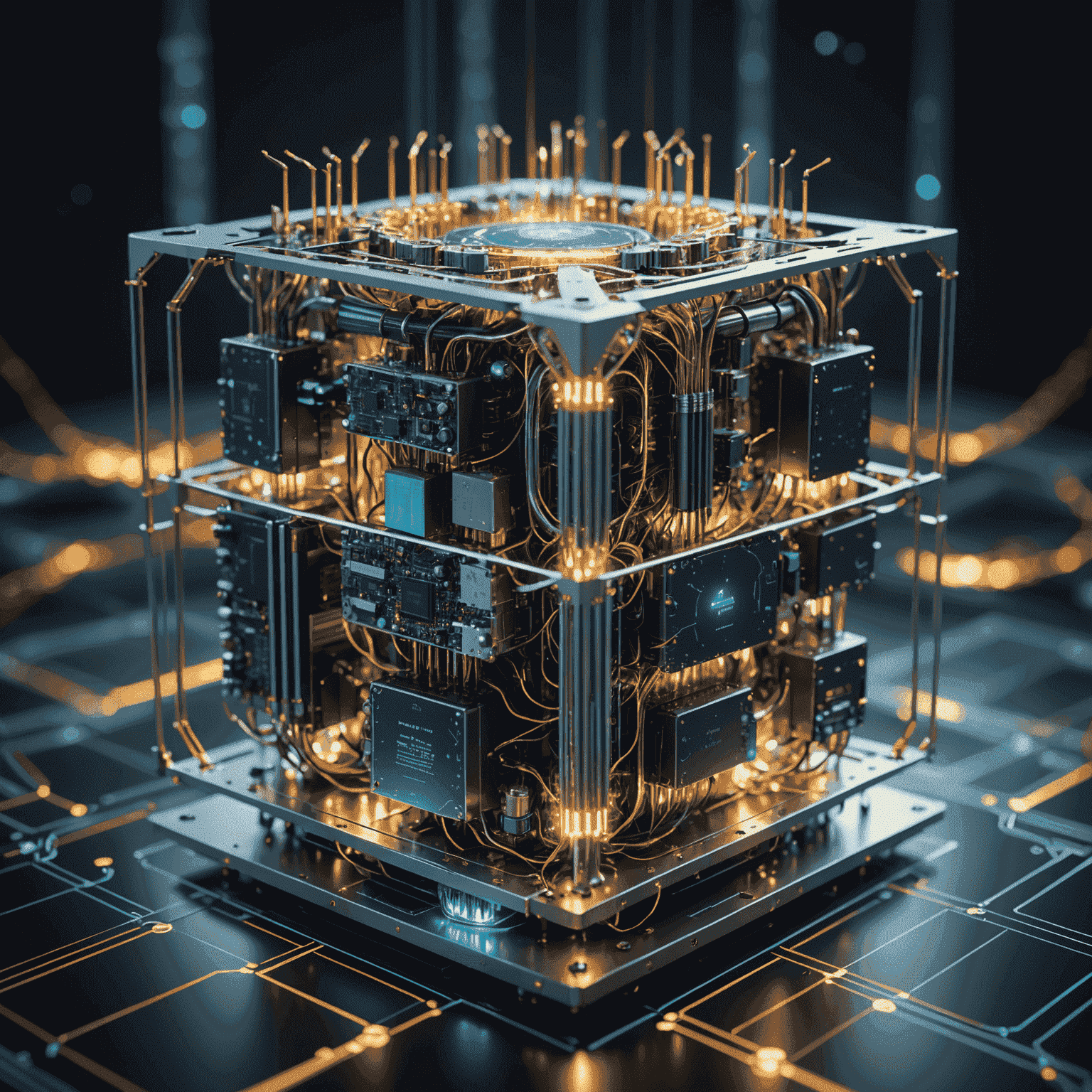 Futuristic visualization of a quantum computer's internal structure, with glowing qubits interconnected by beams of light