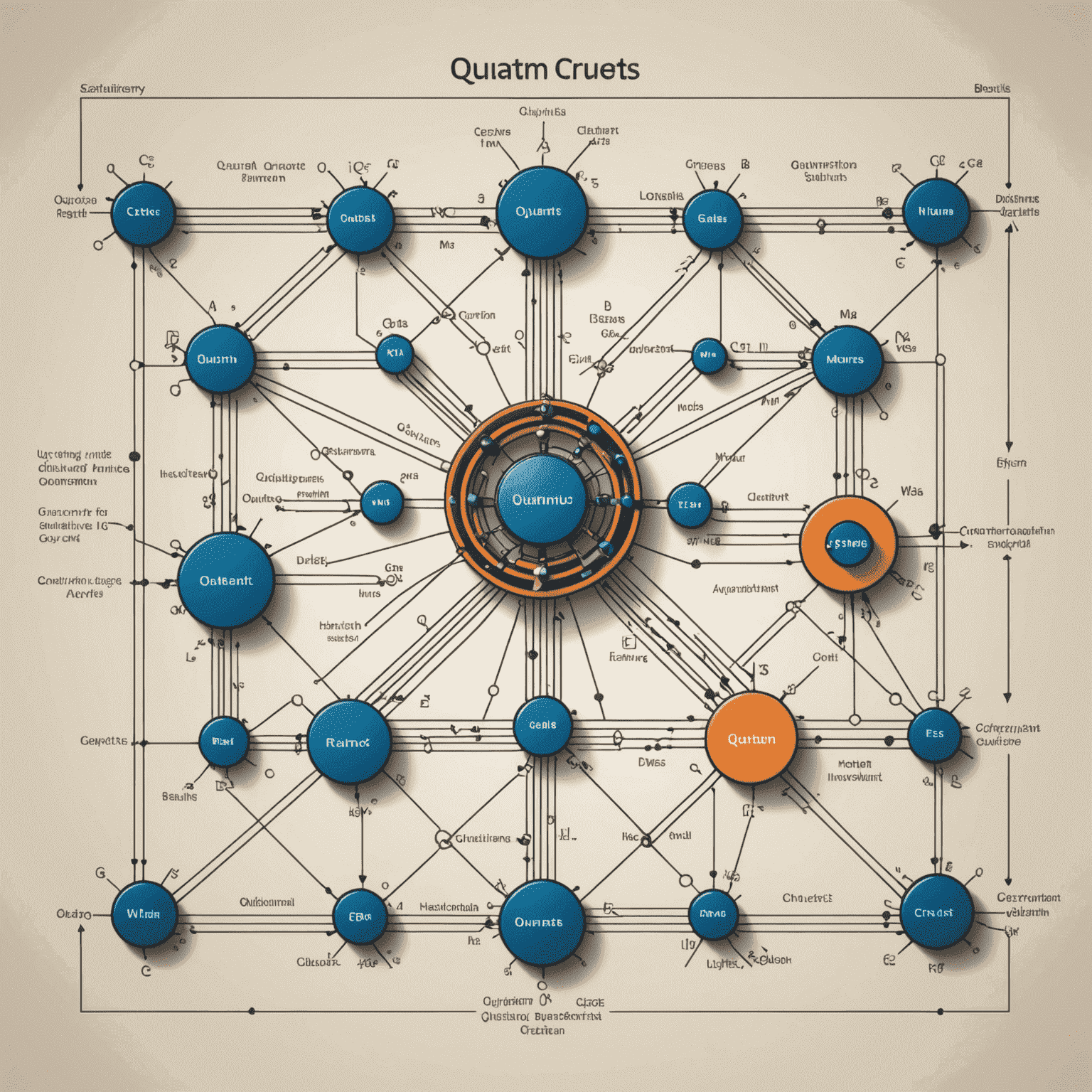 A complex diagram showing quantum circuits and gates, representing custom quantum algorithm development